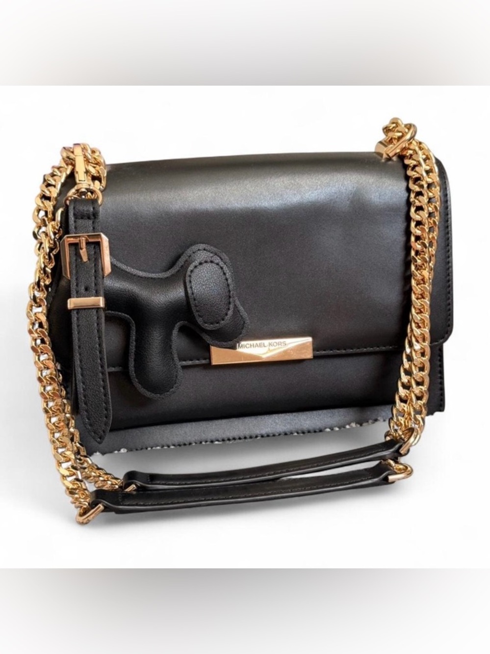 Michael Kors ~ Jade Large Gusset Black Shoulder Bag with Gold Chain